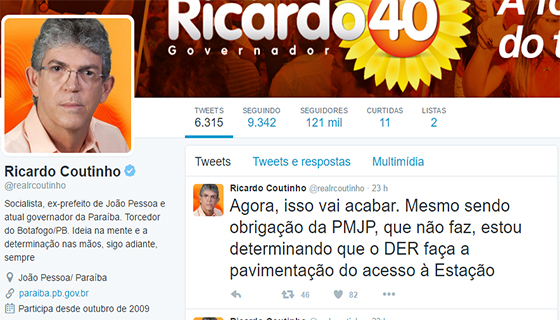 Ricardo Coutinho tuitada contra acesso à Estação 26mai2016