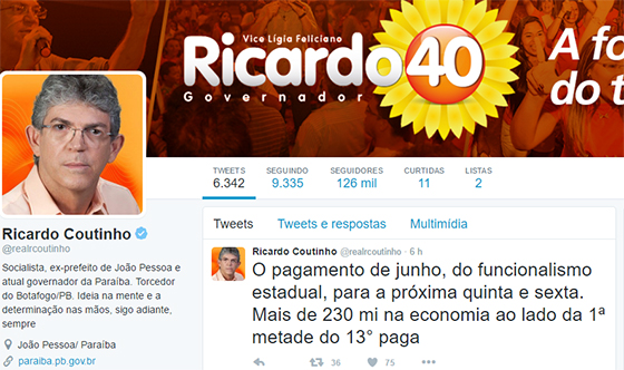 Ricardo Coutinho tuitada paga pag da folha de jun2016 com atraso