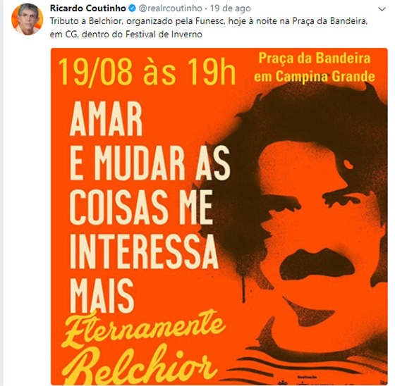 Ricardo Coutinho tuita pegando carona Festival de Inverno ago2017
