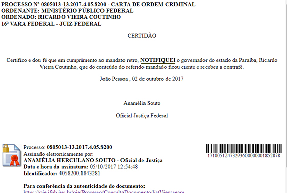 Ricardo Coutinho ação penal notificação 17out2017