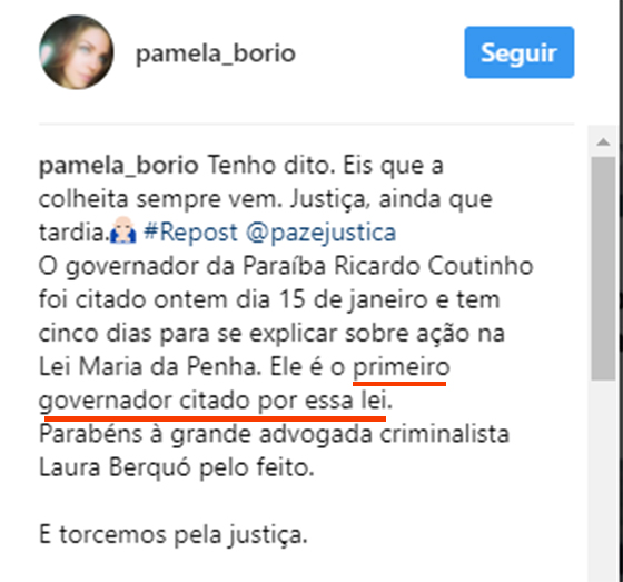 Pâmela RC primeiro governador citada Maria Penha