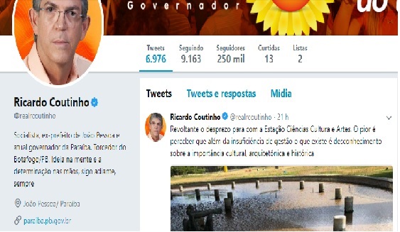 Ricardo Coutinho tuita contra EStação Ciência