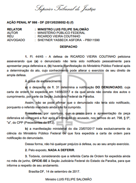 STJ denuncia ação penal contra RC andamento 14set2017